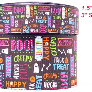 1.5&quot; or 3&quot; Wide Black Halloween Collage and Ghosts Printed Grosgrain Cheer Bow Hair Bow Ribbon