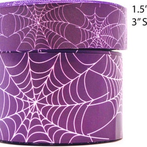 Cinta de lazo de grosgrain con estampado de telarañas moradas de Halloween de 1,5" y 3" de ancho