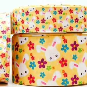 1.5&quot; or 3&quot; Wide Spring Yellow with Bunnies and Flowers Printed Grosgrain Cheer Bow Ribbon