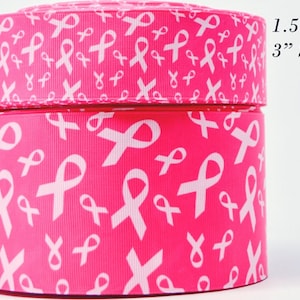 3&quot; or 1.5&quot; Wide White Breast Cancer Awareness Ribbons on Pink Printed Grosgrain Cheer Bow Ribbon