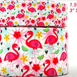 1.5 ich or 3 inch Wide Flamingo Collage Printed Grosgrain Cheer Bow Ribbon
