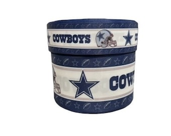 1.5 Inch or 2 inch or 3 inch Dallas Cowboys on White and Blue Stripe Football Printed Grosgrain Hair Bow Ribbon (sold in 3 yard increments)