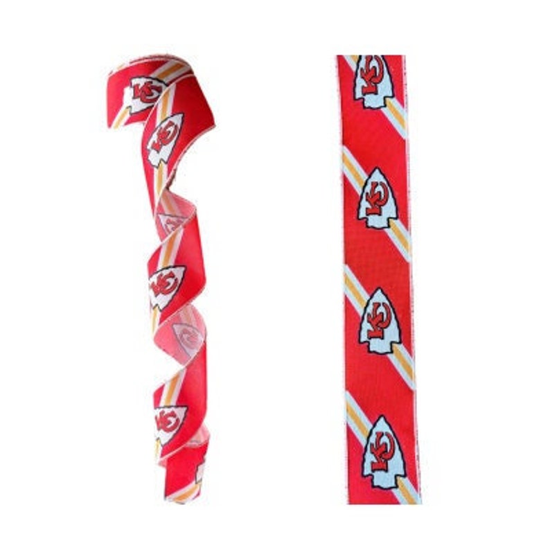 May include: Red and white ribbon with a repeated pattern of the Kansas City Chiefs logo. The ribbon is curled and laid flat.