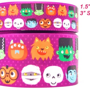 3&quot; or 1.5&quot; Wide Purple Halloween Monsters  Printed Grosgrain Cheer Bow Hair Bow Ribbon
