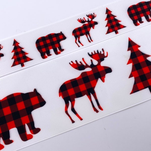 1.5" or 3" Wide Holiday Bear Moose Buffalo Printed Grosgrain Hair Bow Ribbon for Crafts