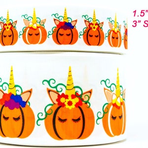 Cinta de lazo para el pelo con estampado de unicornios de calabaza de Halloween de 1,5" o 3" de ancho