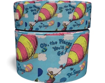 Popular Cat1.5 inch or 3 inch Wide Blue   "Oh, The Places You'll Go" Printed Grosgrain Cheer Bow Ribbon (sold in 3 yard increments)