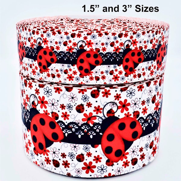 1.5" and 3" Wide Lady Bugs Printed Grosgrain Cheer Hair Bow Ribbon