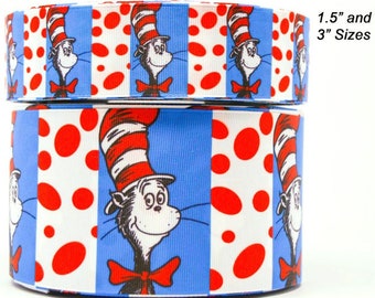 May include: Red and white striped ribbon with a repeating pattern of a blue background with white polka dots and a cartoon cat wearing a red and white striped hat. The text "1.5" and "3" Sizes" is visible in the image.