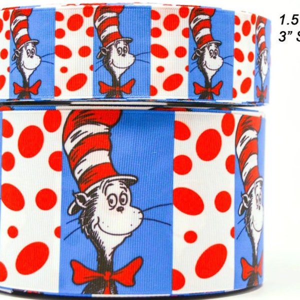 1.5" or 3" Wide Dr. Seuss Cats With Dots Printed Grosgrain Cheer Bow Ribbon