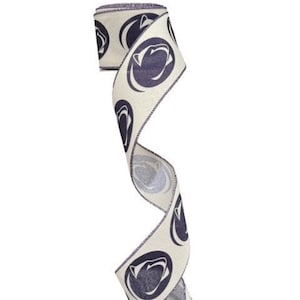 May include: White ribbon with a navy blue repeated pattern of a lion's head logo. The ribbon is 2.5 inches wide.