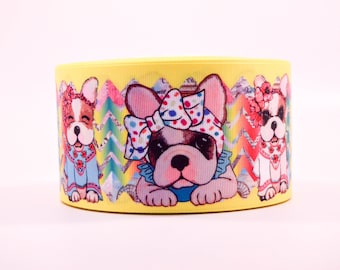 1.5" and 3" Wide Cute French Bulldog Puppies Printed Grosgrain Cheer Bow Ribbon