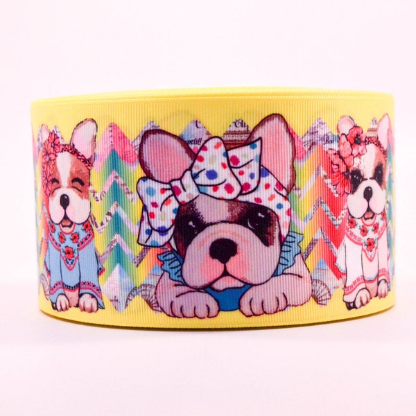 1.5" and 3" Wide Cute French Bulldog Puppies Printed Grosgrain Cheer Bow Ribbon