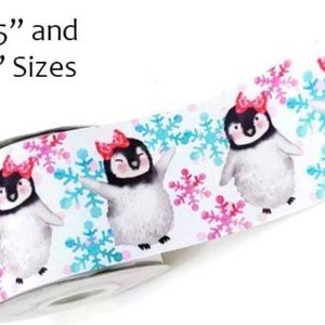 1.5&quot; or 3&quot; Wide Happy Feet Snowflakes Penguins Print Grosgrain Cheer Bow Ribbon