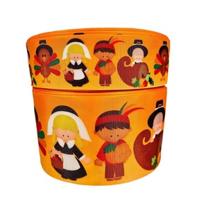 1.5&quot; or 3&quot; Wide Orange Thanksgiving Pilgrims and Indian Kids Printed Grosgrain Cheer Bow H air Bow Ribbon