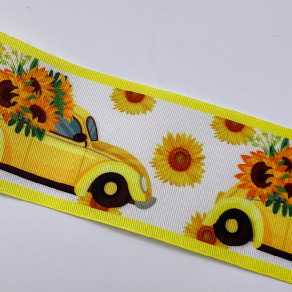 1.5" or 3" Wide Yellow Fall Sunflowers in a VW Bug Car Printed Grosgrain Cheer Bow Hair Bow Ribbon