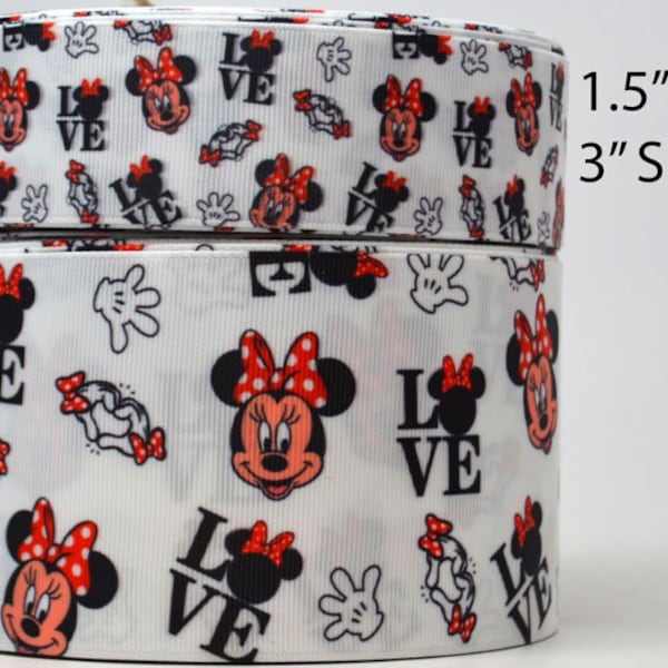 3 inch and 1.5 inch Wide Minnie Mouse LOVE Collage  Printed on Grosgrain Cheer Bow Ribbon