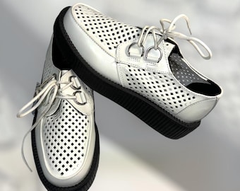 T.U.K. White Leather Creeper Shoes: Perforated Viva EU 39