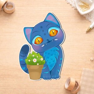 Può includere: Un adesivo di un gatto blu dei cartoni animati con grandi occhi arancioni e denti affilati. Il gatto tiene in mano un piccolo vaso di fiori marrone con foglie verdi e fiori bianchi. L'adesivo ha una combinazione di colori blu e viola.