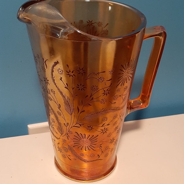 Jeanette Glass Co. Vintage Iridescent Marigold Carnival Glass Pitcher