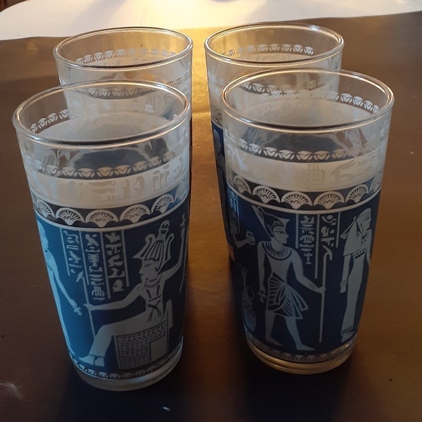 4 Water Glasses, Jeannette Glass Company, Egyptian Court, Wedgewood Blue