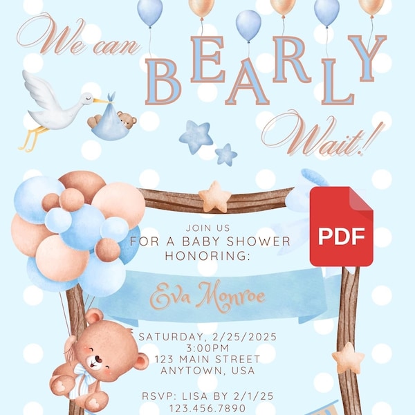 Bearly Wait Baby Shower Invitation, Printable Teddy Bear Invite