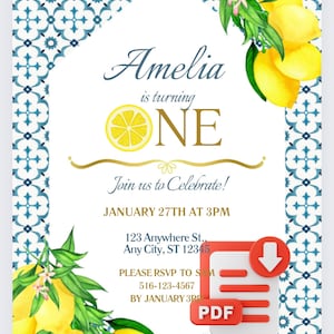 Lemon Invitation Baby,Lemon 1st Birthday Invitation, Printable Lemon Invitation,Lemon Italian Birthday,Cute first birthday lemon