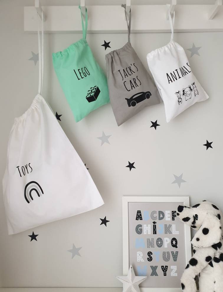 Personalised Kids Bags,  Drawstring Cotton Bag ,  Snack Bag, Kids Bedroom storage,Toy Bag , Toy Storage, 3 Sizes