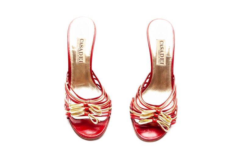 Casadei Vintage Red and Gold Leather Slide Sandals with Strappy Bows \u2022\u00a0Size 37