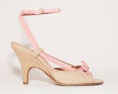Chanel \\ Vintage Shoes \\ Espadrille Wedge Heel Sandal with Pink Ankle Wrap Straps