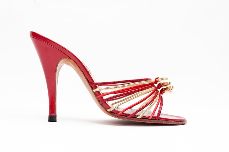 Casadei Vintage Red and Gold Leather Slide Sandals with Strappy Bows \u2022\u00a0Size 37