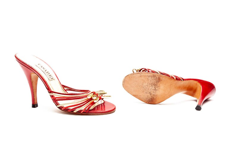 Casadei Vintage Red and Gold Leather Slide Sandals with Strappy Bows \u2022\u00a0Size 37