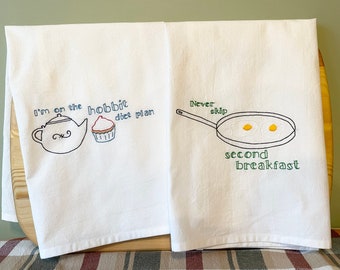 Diet Plan Second Breakfast-Hand Embroidered Tea Towel Set-Flour Sack Kitchen Towel-Handmade-Kitchen Humor