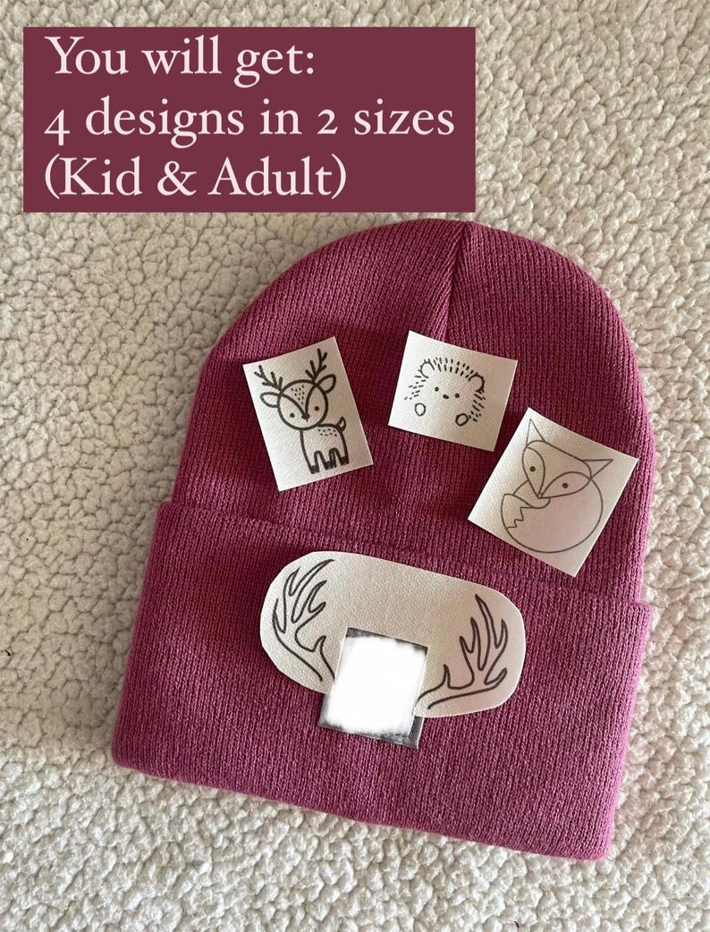 May include: A burgundy beanie with four iron-on patches featuring a deer, hedgehog, fox, and antlers. The text "You will get: 4 designs in 2 sizes (Kid & Adult)" is visible in the top left corner of the image.