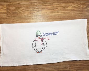 Penguin Chilling-Hand Embroidered Tea Towel-Flour Sack Kitchen Towel-Handmade-Kitchen Humor
