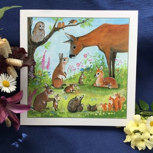 Carte de voeux le faon, vierge, pour un nouveau bébé, baby shower, merci, anniversaire, animaux, forêt, cerf, renard, blaireau, lapins, forêt