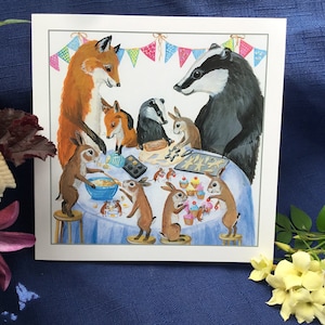 Carte pliée vierge de voeux, heure de cuisson, cuisson, gâteaux, biscuits, fête, renard, blaireau, cupcakes, biscuits, vintage, rétro.