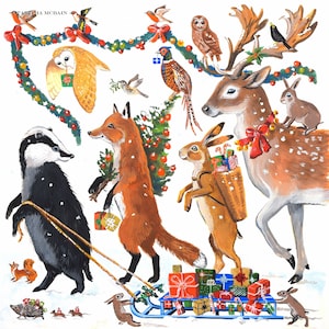 CARTE DE NOËL, Amis apportant des cadeaux, Blaireau, Renard, Lièvre, animaux des bois, Lapins, Hérisson, carte insolite.