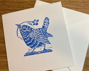 1 Wren card, hand printed, hand cut Lino card, by Tabitha McBain, The jolly Chameleon, large, blank inside, hand made,