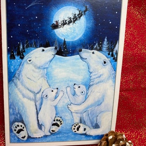 Le voyage du Père Noël commence carte de Noël, ours polaires, neige, pôle Nord, rennes, Père Noël, Animaux, famille, petits, bébés, maman.