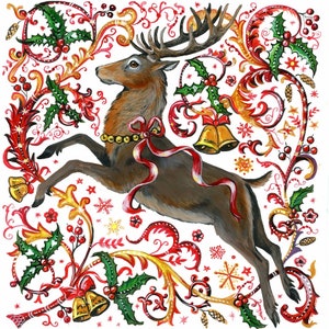 Carte de Noël imprimée à l'intérieur, cerf, cerf, médiévale, Renaissance, belle et jolie artiste traditionnelle anglaise du Sussex, britannique.