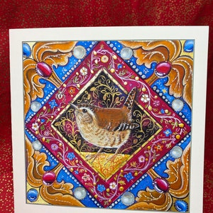 Carte de Noël troglodyte ornée de bijoux, imprimée à l'intérieur, bijoux, perles, beau magique, oiseau de jardin, Renaissance, médiéval, Tabitha McBain