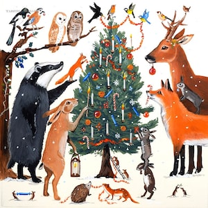 5 Cartes pour décorer le sapin de Noël, renard, blaireau, chevreuil, hibou, animaux des bois, faune, arbre, joli