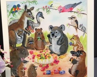 Koala’s Party BLANK greeting card, Kangaroo, echidna, bandicoot, rainbow lorikeet, Gallah, cockatoo, pavlova, Australia, birthday