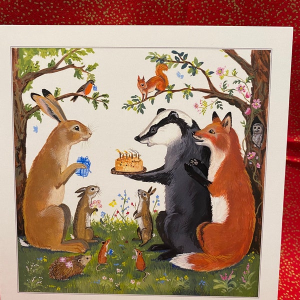 Woodland Friends..Happy Birthday.. Version! Printed inside, Fox, badger, party, sweet, kind, polite, animals, English wildlife. For all ages