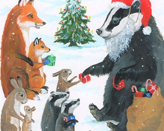 May include: A badger wearing a Santa hat gives gifts to a fox, a rabbit, and two badgers. The scene is set in a snowy forest with a Christmas tree in the background. The text "Copyright Tabitha McBain" is at the bottom of the image.