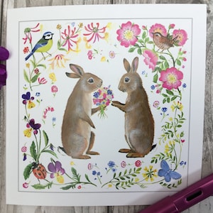 Carte de bouquet de lapin, lapins, lapins, fleurs, jolie carte de lapin de nature. Merci, mon amour, romantique.