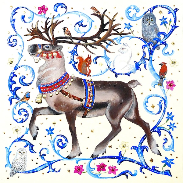 Reindeer, CHRISTMAS CARD Back in stock!  arctic animals, red squirrel, Christmas card, Medieval illuminated letters, unique by artist.