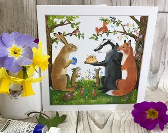 Carte vierge des amis des bois, anniversaire, célébration, nature, faune du Royaume-Uni, animaux britanniques. Artiste britannique. Renard, blaireau, lièvre, écureuil roux.