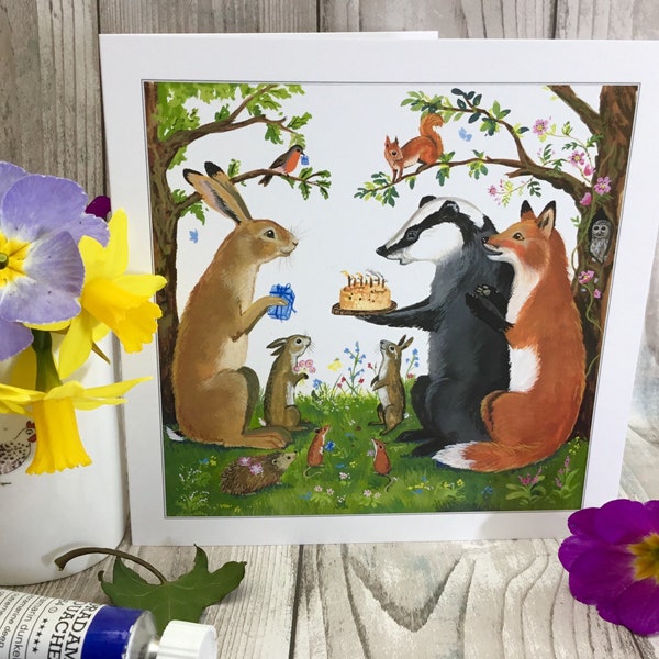 Woodland friends Blank card, Birthday, celebration, nature,U.K wildlife, British animals. British artist. Fox, Badger, Hare, Red squirrel.